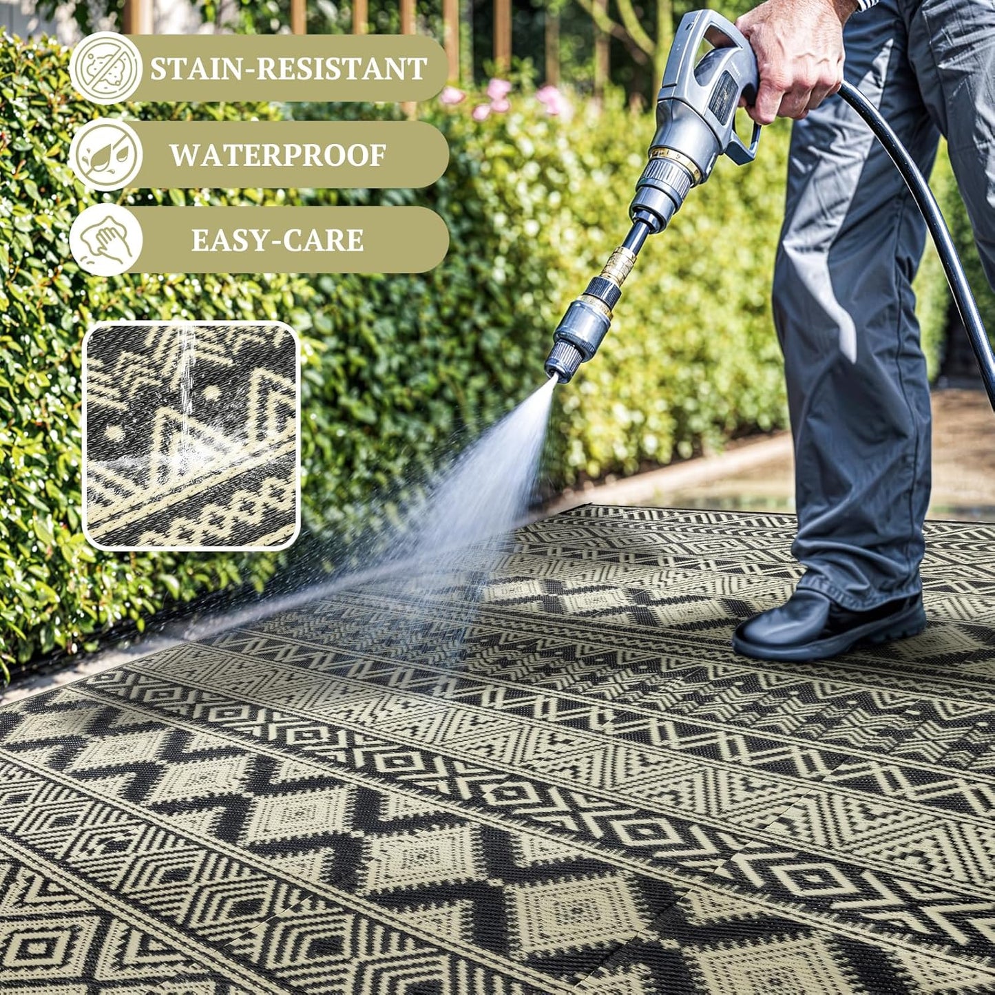 9'x12' Reversible Outdoor Rug - Eco-Friendly Plastic Straw Rug-Heavy-Duty Waterproof Mat, UV & Fade Resistant for Patio, Camping, RV, Deck, Balcony(9x12,Black&Beige)