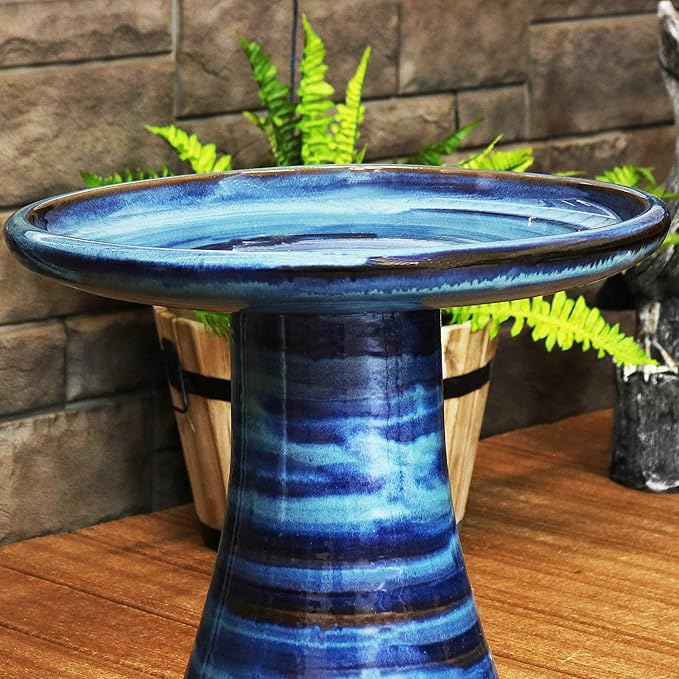 Sunnydaze 21" H Ceramic Bird Bath for Outside - Hand-Painted Outdoor Bird Bath Bowl, UV/Frost-Resistant Finish - Galaxy Blue - Ribbed Pedestal
