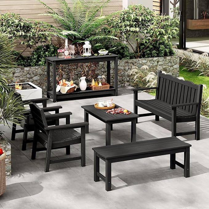 Outdoor Console Table, 48" Weather Resistant HIPS Patio Side Table, 440LBS Weight Capacity, 2-Tier Multifunctional Buffet Bar Storage Organizer for Garden Deck, Black