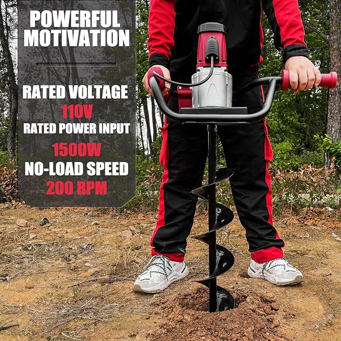 JACKCHEN 1500W Electric Post-Hole Digger with 6-Inch Auger Bit, Earth Auger Drill, Auger Bit Earth Auger, Ideal for Post Hole Digging, Drilling, Tree Planting, Red