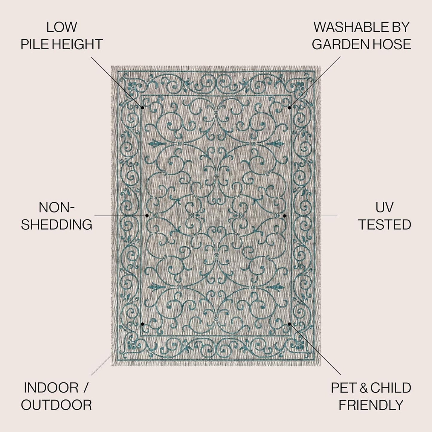 JONATHAN Y SMB106E-9SQ Charleston Vintage Filigree Textured Weave Gray/Teal 9' Square Indoor/Outdoor Area Rug, Pet Friendly, Non-Shedding, Stain Resistant, Easy-Cleaning for Backyard, Patio, Porch