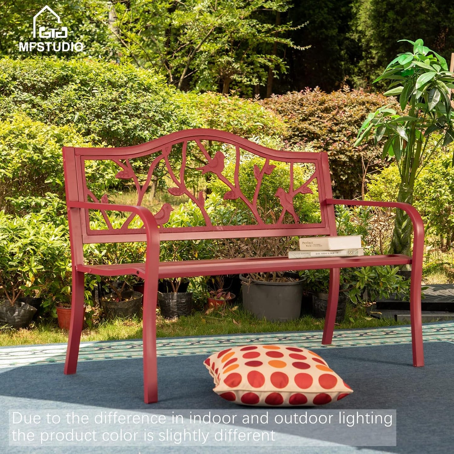 MFSTUDIO 50" Outdoor Red Garden Bench, Steel Metal Frame Patio Park Bench with Bird Pattern Backrest for Porch Backyard Lawn