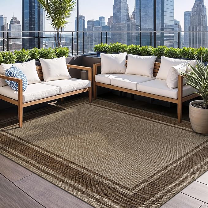 Beverly Rug Outdoor Rug 6x9 Modern Bordered Area Rugs for Indoor and Outdoor Patio Deck Porch Garden Waterproof Weather Sun Resistant Washable Outside Carpet (6 x 9 Jute)