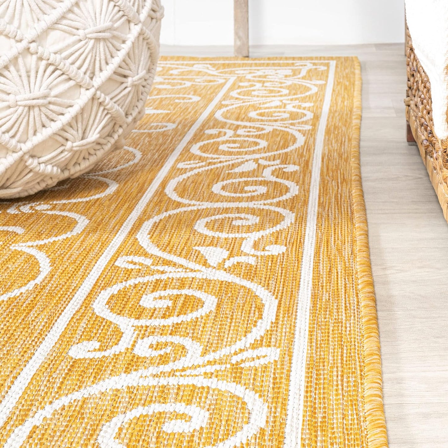 JONATHAN Y SMB106L-210 Charleston Vintage Filigree Textured Weave Indoor Outdoor Runner Rug, Classic,Traditional,Transitional Easy Clean,Bedroom,Kitchen,Backyard,Patio, Non-Shed, Yellow/Cream, 2 X 10