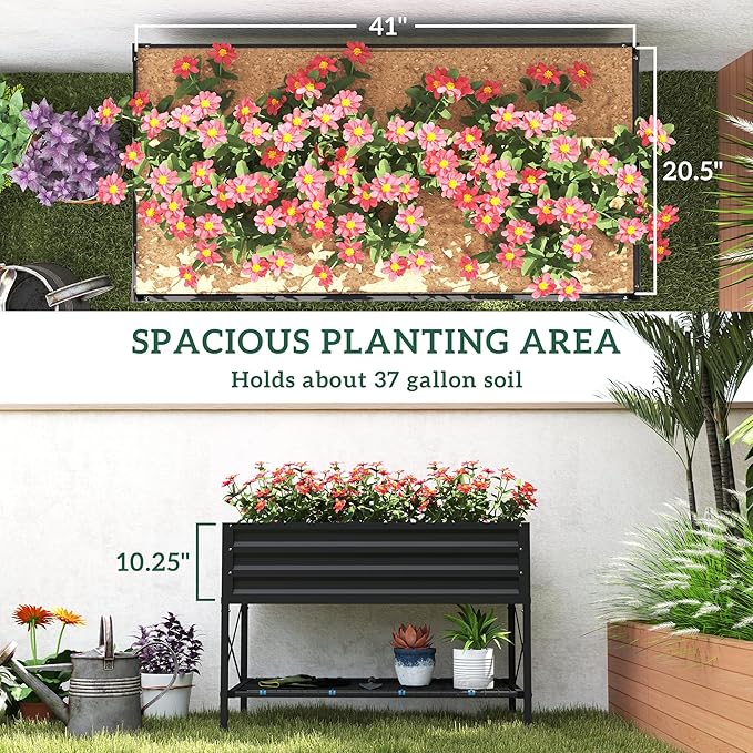 Outsunny Raised Garden Bed with Galvanized Steel Frame, Storage Shelf and Bed Liner, Elevated Planter Box with Legs for Vegetables, Flowers, Herbs, Dark Gray