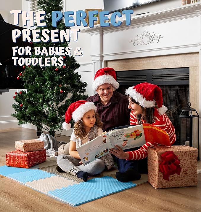 TOYVELT Foam Puzzle Floor Mat for Kids 12x12-32 Tiles Interlocking Play Mat with Colors - Educational Large Puzzle Foam Floor Tiles for Crawling, Non-Toxic - Blue-Brown-Beige