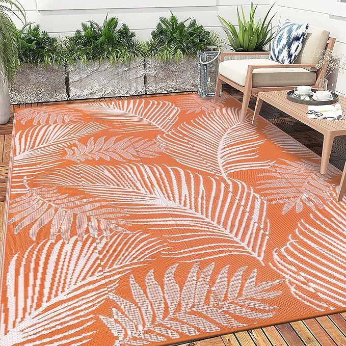 Pauwer Waterproof Outdoor Rug 6x9, Reversible Plastic Straw Patio Camping Rug, Indoor Outdoor RV Mat Carpet for Deck, Camper, Porch, Balcony, Backyard, Picnic, Leaf Orange