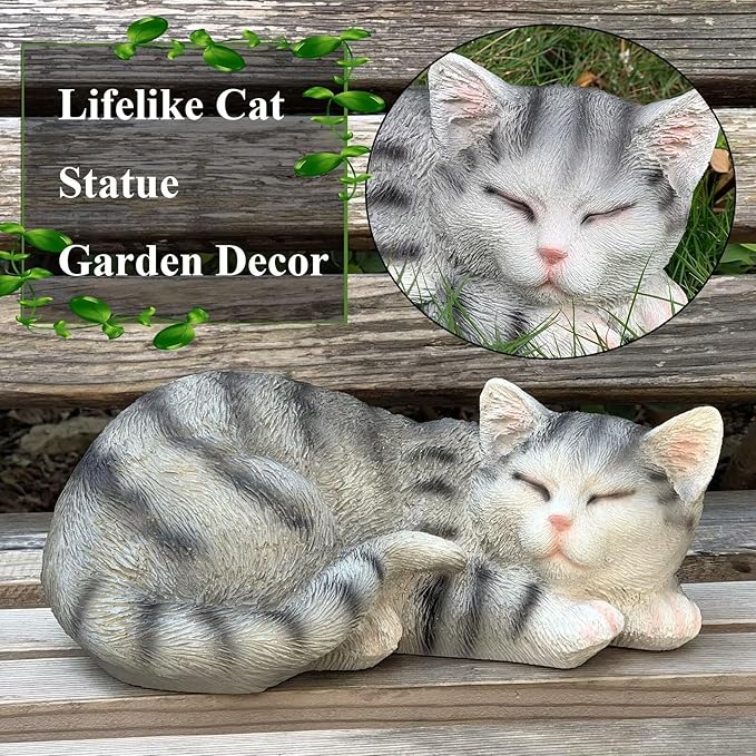 Sleeping Cat Statue Garden Decor, Outdoor Cat Sculpture & Figurine Lawn Ornament, Grey Tabby Statue for Patio, Lawn, Yard Decorative, Cute Kitten Memorial Grave Accessory