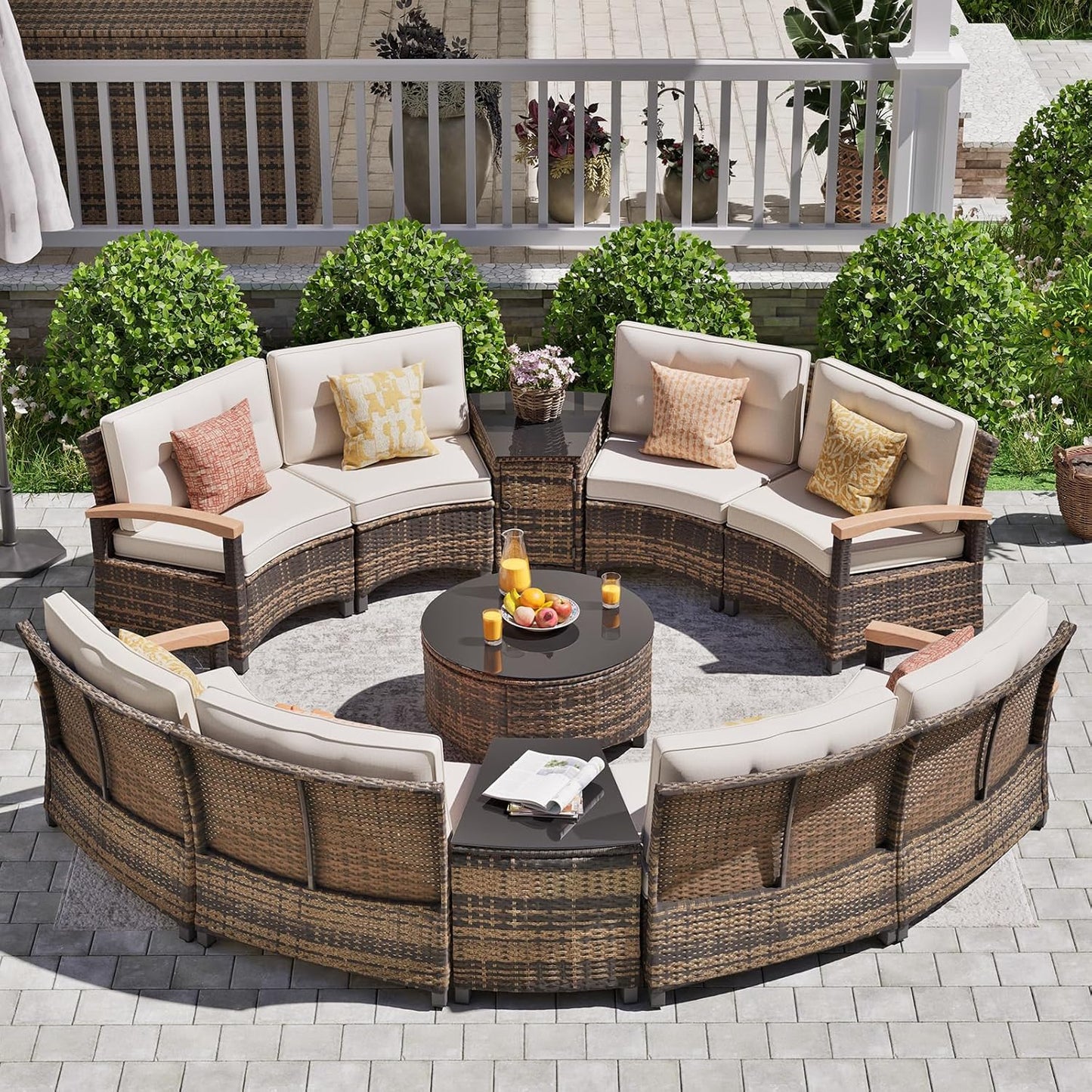 11 Piece Outdoor Patio Furniture Set, Half-Moon Curved Sectional Sofa Rattan Conversation Set with Wood Armrests, Coffee Table & 2 Side Table(Brown)