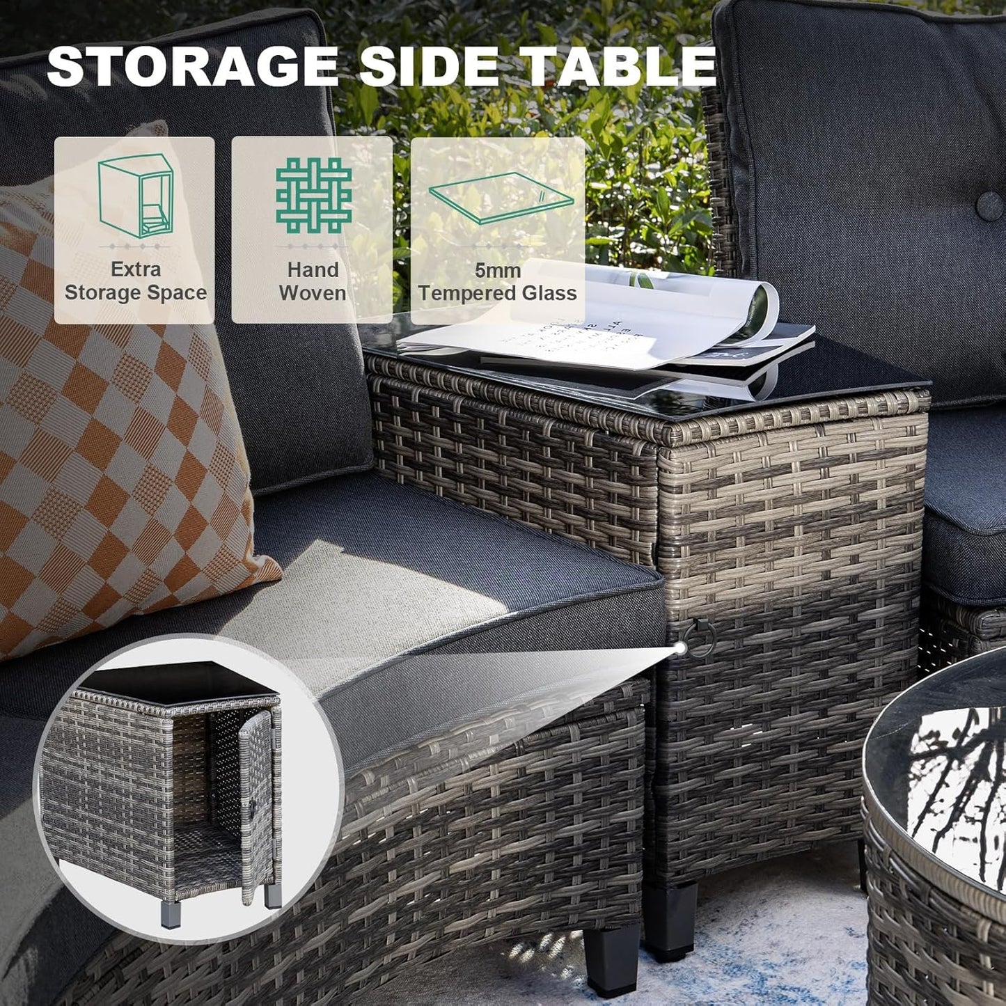 11 Piece Outdoor Patio Furniture Set, Half-Moon Curved Sectional Sofa Rattan Conversation Set with Wood Armrests, Coffee Table & 2 Side Table(Grey)