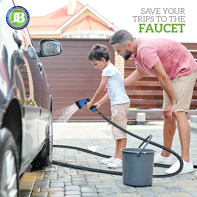 J&B XpandaHose 100ft Expandable Garden Hose with Holder - Heavy Duty Superior Strength 3750D - 4 -Layer Latex Core - Extra Strong Brass Connectors and 10 Spray Nozzle w/Storage Bag (Blue 100)