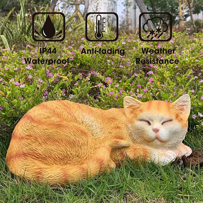 Sleeping Cat Statue Garden Decor, Outdoor Cat Sculpture & Figurine Lawn Ornament, Orange Tabby Statue for Patio, Lawn, Yard Decorative, Cute Kitten Garden Decor Outside Statue