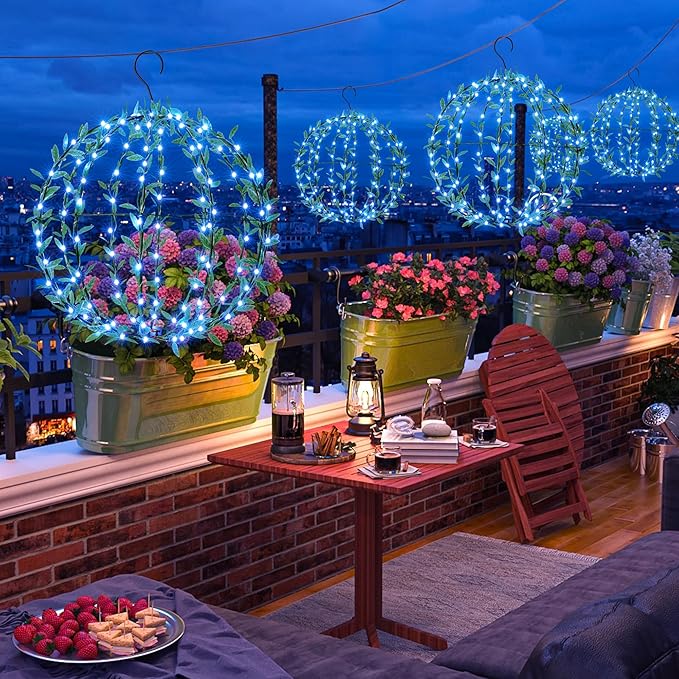 Flacchi Solar Powered Hanging Iron Sphere Lights with Artificial Greenery – 12Inch 120 LED Waterproof Outdoor Decor Ball Light with Timer & 8 Modes – 2 Pack for Garden, Christmas, Weddings(Blue)