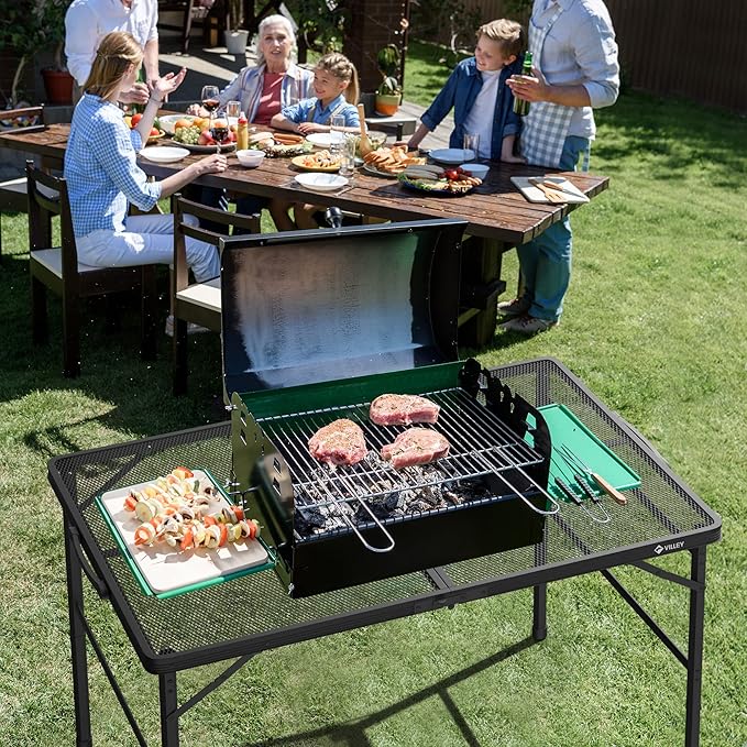 VILLEY Grill Table, 3ft Folding Camping Table with Aluminum Adjustable Legs, Portable Lightweight Camp Table for Beach Picnics and Outdoor Cooking
