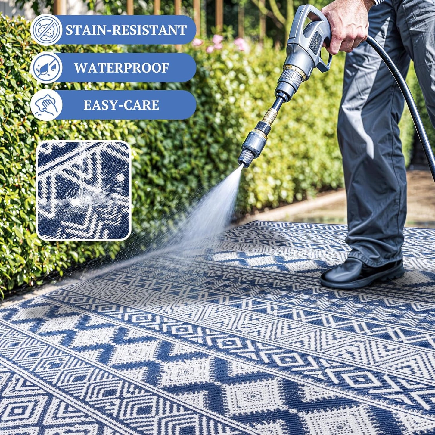 8'x10' Reversible Outdoor Rug - Eco-Friendly Plastic Straw Rug-Heavy-Duty Waterproof Mat, UV & Fade Resistant for Patio, Camping, RV, Deck, Balcony(8x10,Blue&White)