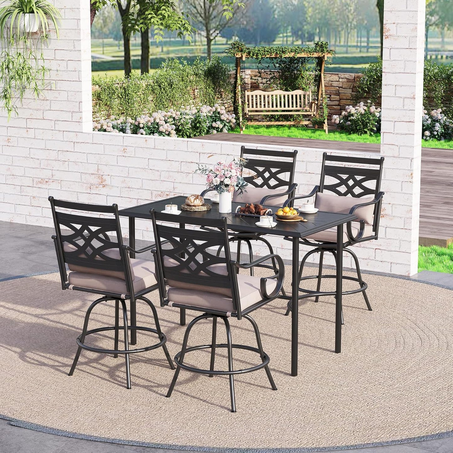Sophia & William Patio Bar Set 5 Piece Outdoor High Dining Table and Chairs Set, 4 Swivel Bar Stools and 1 Rectangular Bar Height Table, All-Weather Metal Furniture Set with Beige Cushion