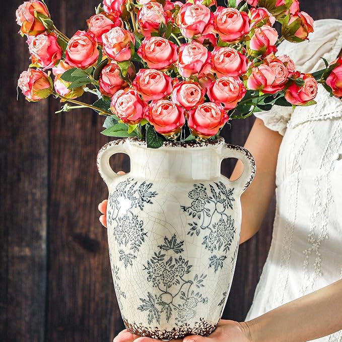 Enra Vintage vase with Handle,9.4 inch Blue and White Ceramic Decorative Flower vase, Chinoiserie Floral Vase,Large Rustic Vases for Home Decors, Living Room, Bookshelf, Office