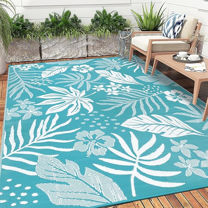 Pauwer Waterproof Outdoor Rug 9x12, Reversible Plastic Straw Patio Camping Rug, Indoor Outdoor RV Mat Carpet for Deck, Camper, Porch, Balcony, Backyard, Picnic, Floral Teal