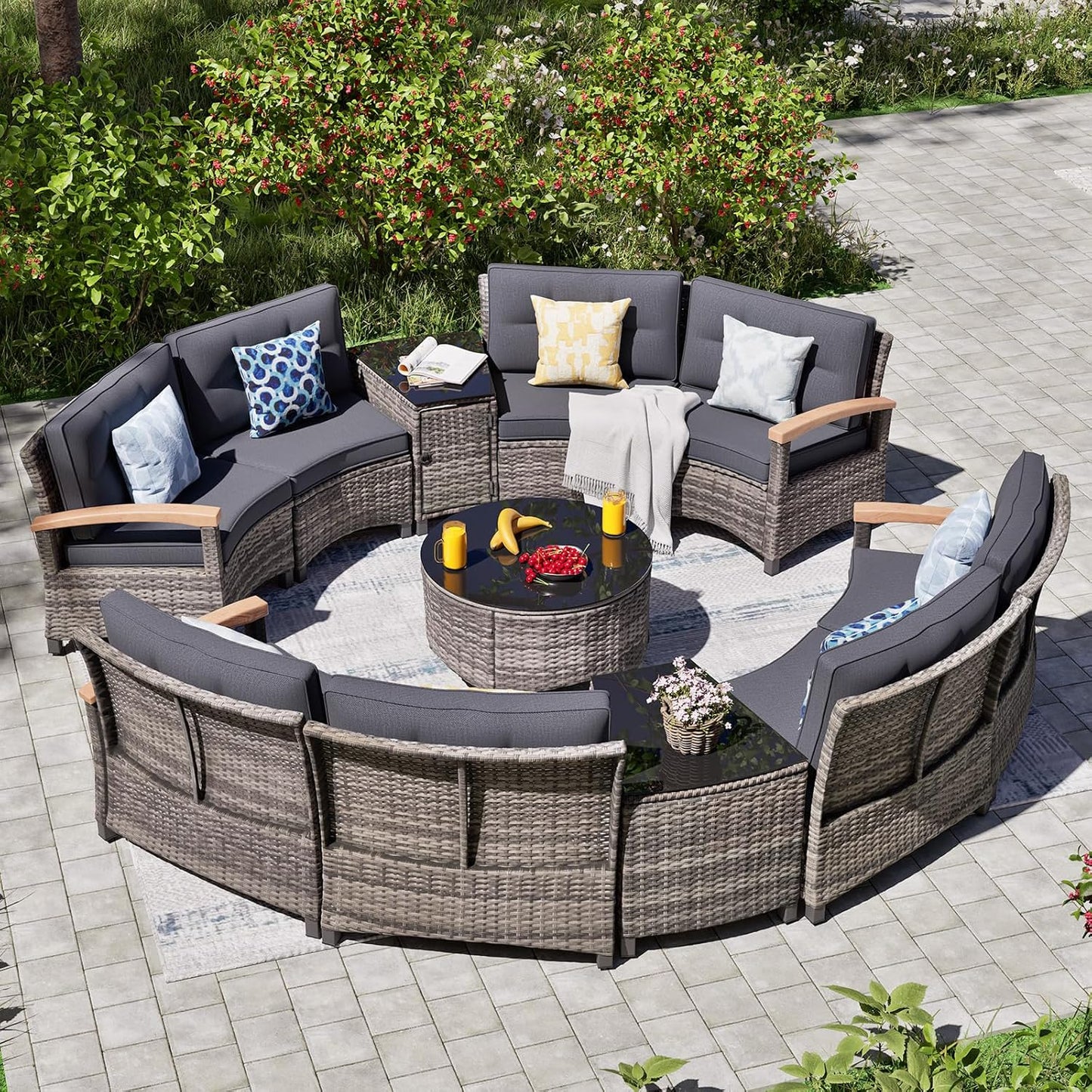 11 Piece Outdoor Patio Furniture Set, Half-Moon Curved Sectional Sofa Rattan Conversation Set with Wood Armrests, Coffee Table & 2 Side Table(Grey)