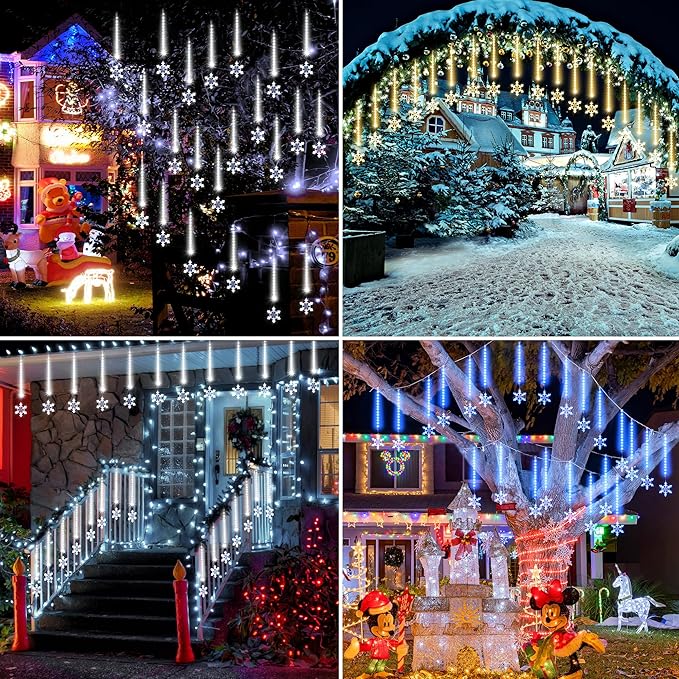 Enhon 2 Pack Meteor Shower Snowflake Lights Outdoor with Timer, Total 480 LED 12in 16 Tube Connectable Waterproof Meteor Rain Drop Christmas Light with Snowflake for Xmas Tree Roof Garden(Warm White)
