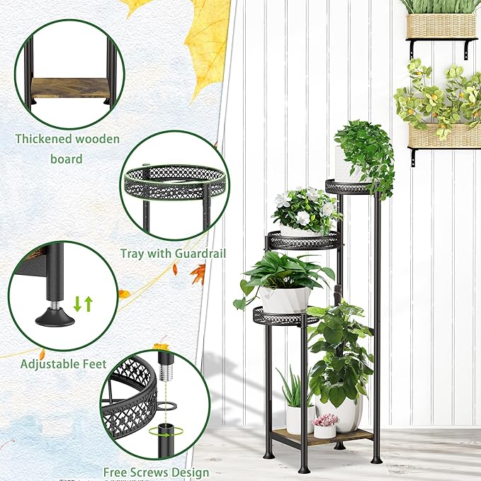 4 Tier Plant Stands Indoor Clearance , 31.5 Tall Corner Plant Shelf for Multiple Plants, Black Metal Wood Tall Plant Display Rack Flower Holder for Patio Porch Garden Balcony Bedroom