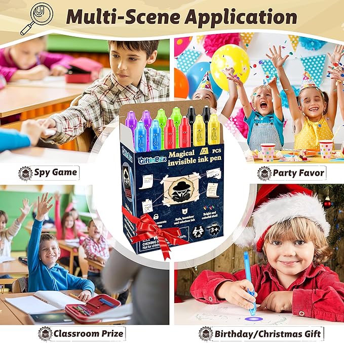 GIFTINBOX Invisible Ink Pens with UV light for Kids, Spy Pen Party Favors for Kids 8-12, 12 Pack Invisible Ink Pen and Notebook, Magic Marker for Secret Message Birthday Party Favors for Kid 4-8