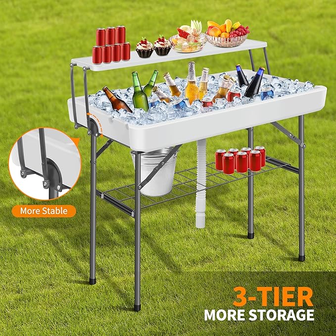 Portable Folding Ice Cooler Table - 2 Tier Outdoor Cooler Table with Removable Matching Skirt and Shelf, Ice Tables for Party, Camping, Picnic, Foldable Self-Serving Beverage Cooling Bar(White)