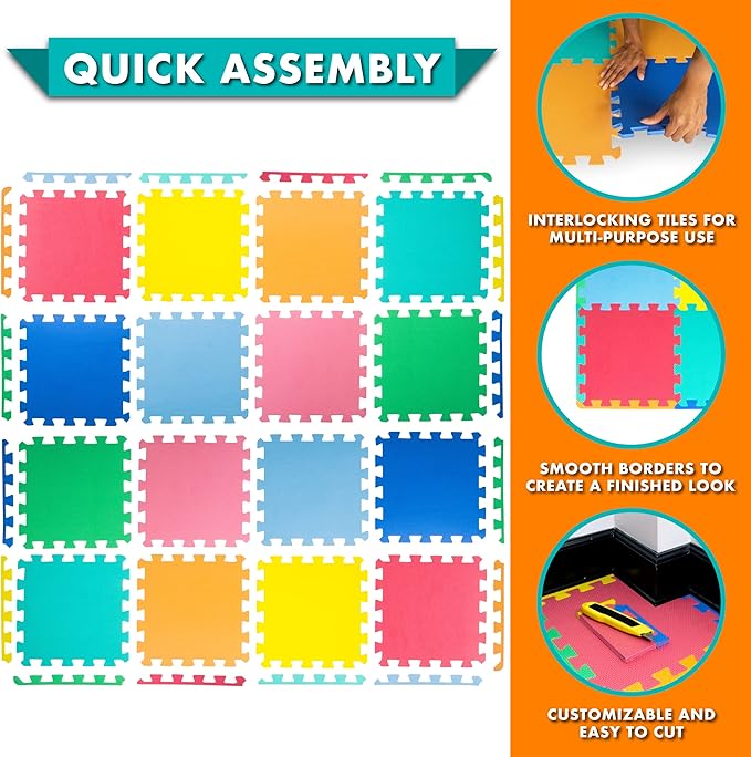 ProSource Foam Puzzle Floor Play Mat for Kids and Babies with Solid Colors, 36 or 16 Interlocking Tiles with Borders, Assorted