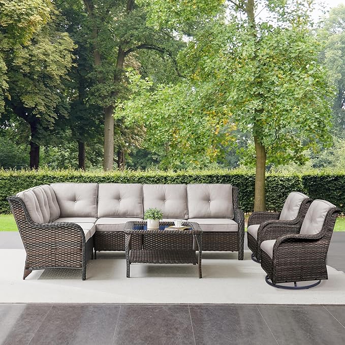 Outdoor Furniture Sectional Sofa L Shaped Couch - Patio Wicker Set with Coffee Table, 3 Piece Rattan Patio Conversation Sets with Beige Cushion for Deck Backyard Sunroom