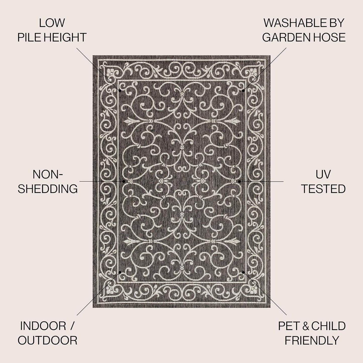 JONATHAN Y SMB106G-8SQ Charleston Vintage Filigree Textured Weave Black/Gray 8' Square Indoor/Outdoor Area Rug, Pet Friendly, Non-Shedding, Stain Resistant, Easy-Cleaning for Backyard, Patio, Porch