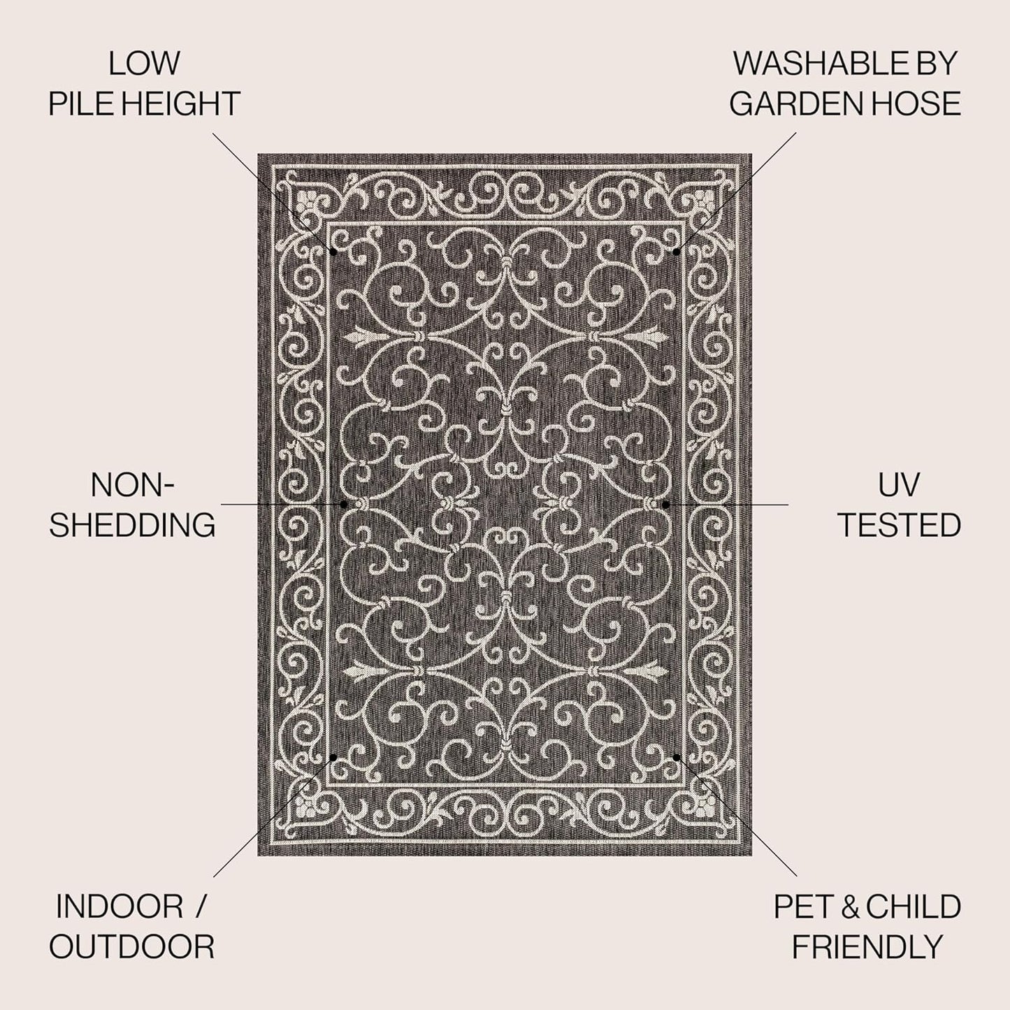 JONATHAN Y SMB106G-6R Charleston Vintage Filigree Textured Weave Black/Gray 6' Round Indoor/Outdoor Area Rug, Pet Friendly, Non-Shedding, Stain Resistant, Easy-Cleaning for Backyard, Patio, Porch