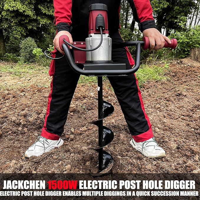 JACKCHEN 1500W Electric Post-Hole Digger with 6-Inch Auger Bit, Earth Auger Drill, Auger Bit Earth Auger, Ideal for Post Hole Digging, Drilling, Tree Planting, Red