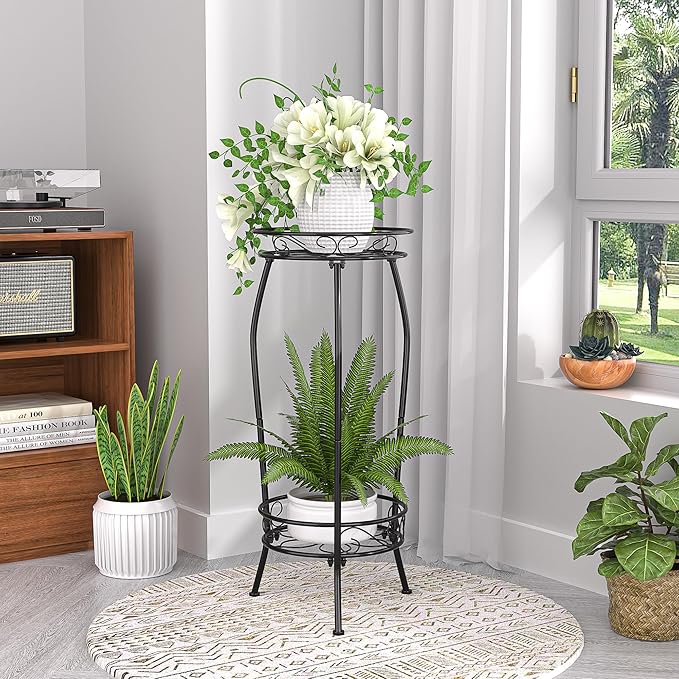 VECELO 2 Tier Metal Outdoor Plant Stand Indoor, Rustproof Stable 19.3” Iron Flower Stand, Decorative Multiple Heavy Duty Plant Holder, Black
