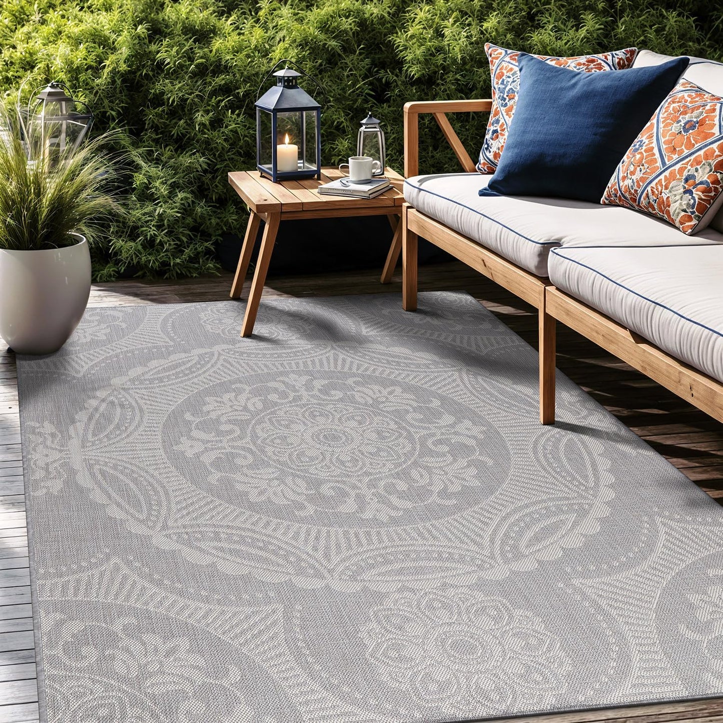 Medallion Outdoor Rug 6x9 Washable Outside Carpet for Indoor Patio Porch Waterproof Easy Cleaning Non Shedding Area Rugs Gray 6 x 9
