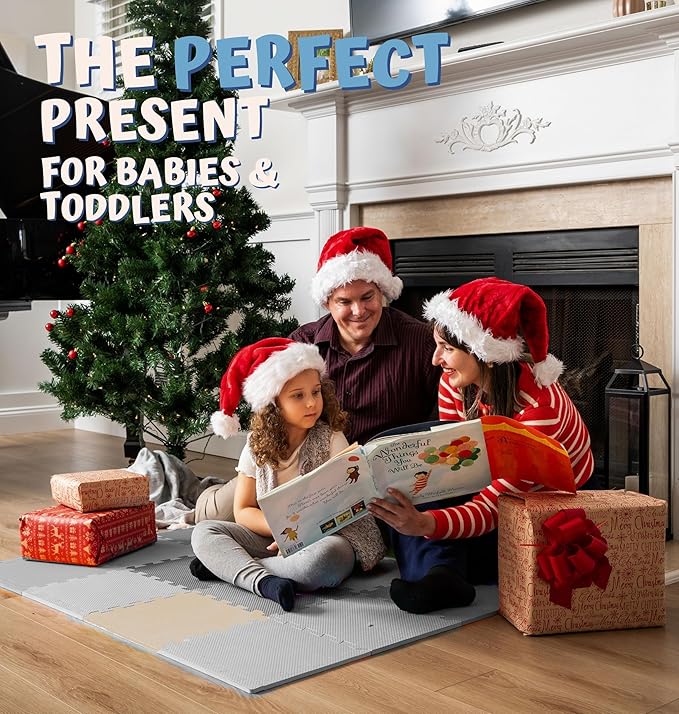 TOYVELT Foam Puzzle Floor Mat for Kids 12x12-32 Interlocking Play Mat Tiles with Colors - Educational Large Puzzle Foam Floor Tiles for Crawling, Non-Toxic - Cream-Gray-Beige