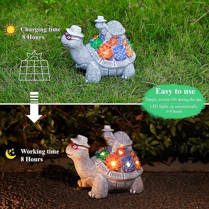 Solar Turtles for Outdoors -Cute Turtle Figurines with Baby for Yard Decorations Outdoor - Ideal for Anniversaries, Christmas, Birthdays, Gift for Mom - Garden Decor for Outside - Turtle Garden Décor