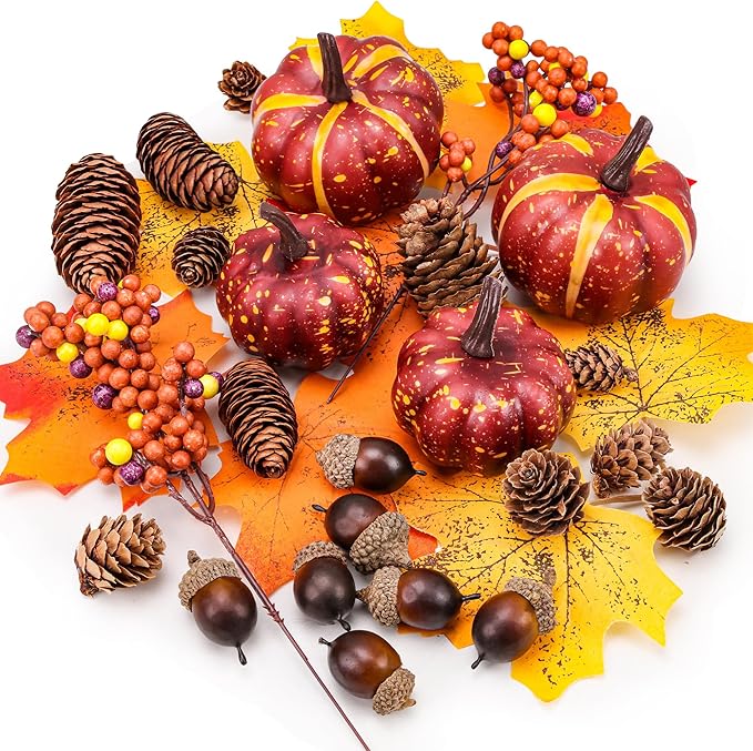 30 Pcs Artificial Pumpkins Set Fall Decorations with Maple Leaves Pine Cones Acorns Berries Assorted Fake Pumpkin for Thanksgiving Halloween Autumn Harvest Home Table Decor