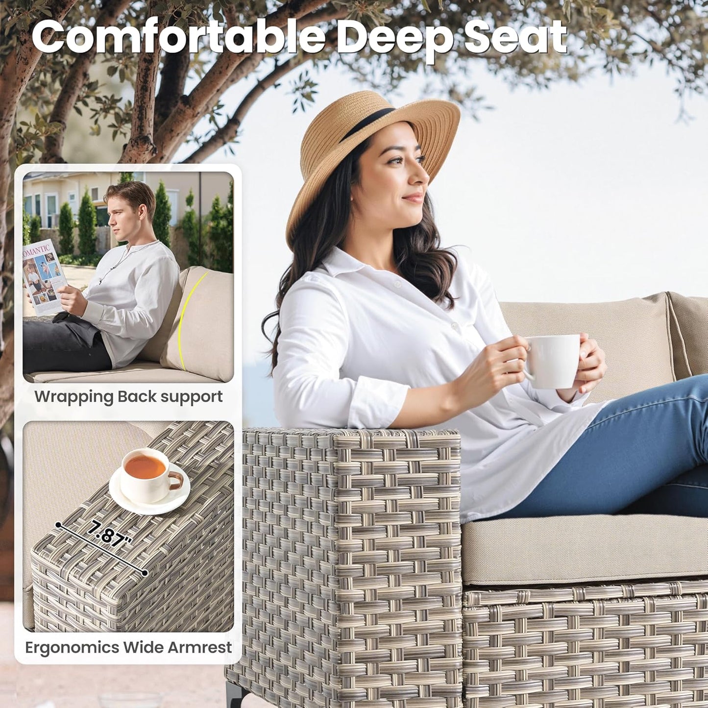 ovios 9 Pieces Patio Furniture Set Outdoor Sectional Sofa Couch with Fire Pit Table Rocking Swivel Chairs Deep Seat Chaise, Modern Modular Wicker Rattan Conversation Set, Beige