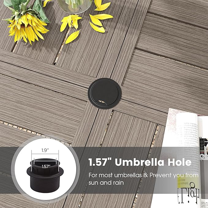 DIFY 40.6" Round Outdoor Patio Dining Table for 4, All-Weather Metal Steel Slatted Patio Table with 1.57" Adjustable Umbrella Hole, for Lawn Garden Porch Backyard, Grey Wood-Like