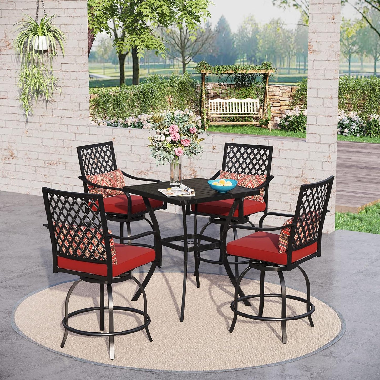 Sophia & William Patio Bar Set 5-Piece Outdoor High Dining Set with 4 Swivel Bar Stools with Red Cushion and 1 Square Bar Height Table with Umbrella Hole