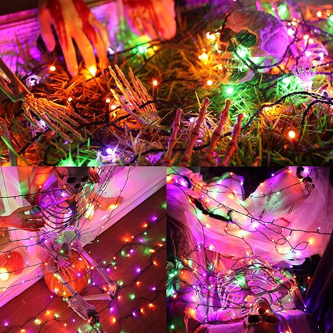 82ft 200 LED String Lights with 8 Modes, Waterproof Low Voltage Orange & Green & Purple Fairy Lights for Halloween Party, Garden, Indoor Outdoor Decorations