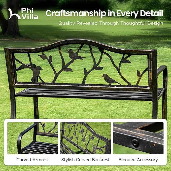 PHI VILLA Outdoor Garden Park Bench Patio 50" Metal Bench, Steel Frame Bench with Backrest and Armrests for Porch, Lawn, Balcony, Backyard and Indoor, Bronze