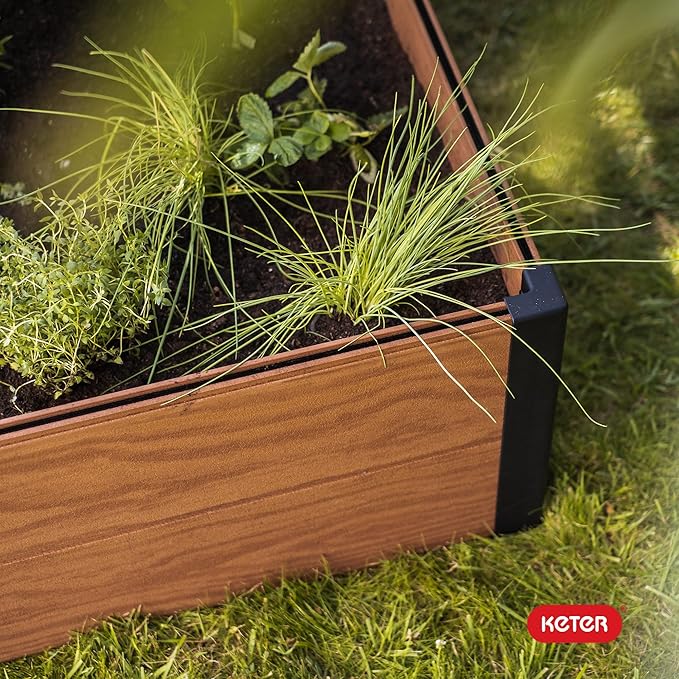 Keter 48" X 48" inches Wood Look Raised Garden Bed, Durable Outdoor Herb Garden Planter for Vegetables, Flowers, and Succulents, Brown