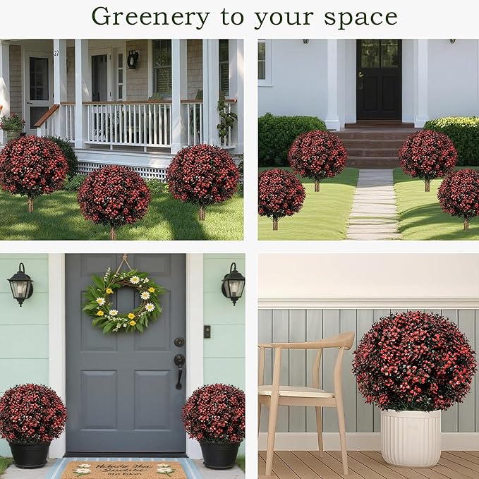 Fall Artificial Topiary Ball Boxwood Tree Outdoor with Spike,Set of 2 Large Faux Shrubs Bushes for Outdoor Planter,UV Resistant Autumn Fake Boxwood Plants for Potted Porch Indoor 24"