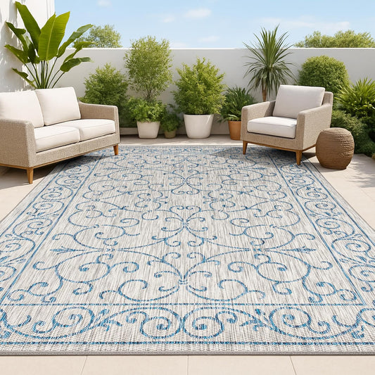 JONATHAN Y SMB106C-14 Charleston Vintage Filigree Textured Weave Gray/Navy 10 ft. x 14 ft. Indoor/Outdoor Area Rug, Pet Friendly, Non-Shedding, Stain Resistant, Easy-Cleaning for Backyard, Patio