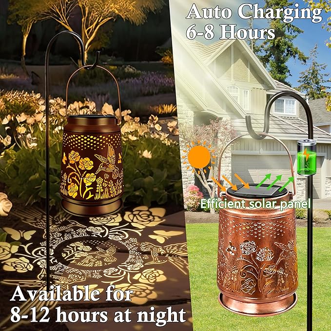 KY&BOSAM Solar Lanterns Outdoor Waterproof Rose Hummingbird Garden Decor Birthday Gift for Women Mom Grandma Hangings Solar Lights Metal Diwali Decoration Outside Lantern for Yard Patio Backyard Porch