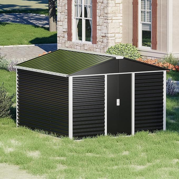 Metal Outdoor Storage Shed 10FT x 10FT, Steel Utility Tool Shed Storage House with Sliding Door, Metal Sheds Outdoor Storage for Backyard Garden Patio Lawn, Black