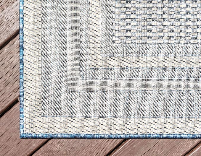 Unique Loom Outdoor Border Collection Area Rug - Soft Border (6' 1" x 9' Rectangle, Blue/ Ivory)
