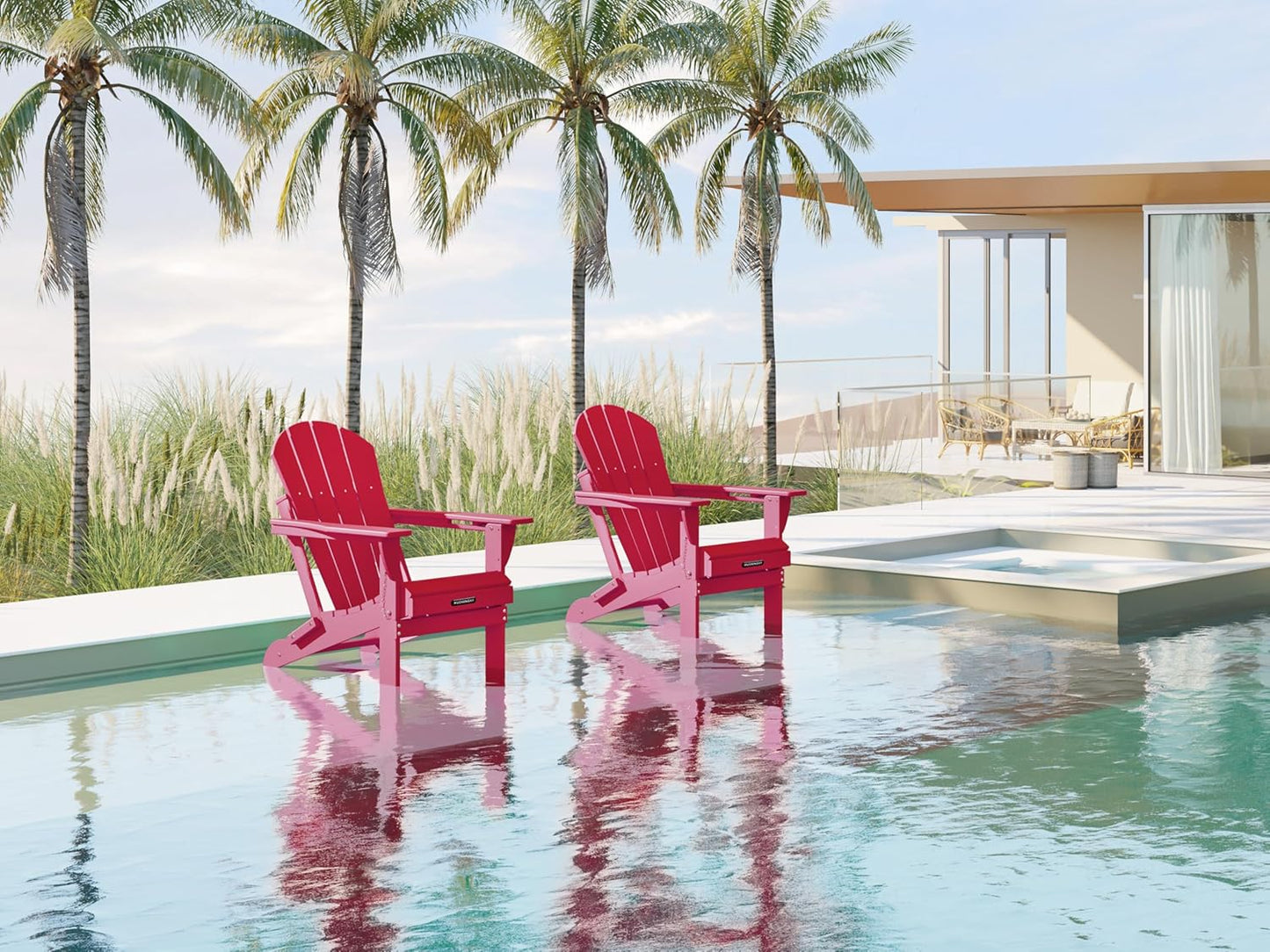 MUCHENGHY Folding Adirondack Chairs Set of 4, Patio Chairs, Lawn Chairs, Outdoor Chairs, Adirondack Chair Plastic, Fire Pit Chairs, Weather Resistant with Cup Holder for Deck, Backyard, Garden(Red)