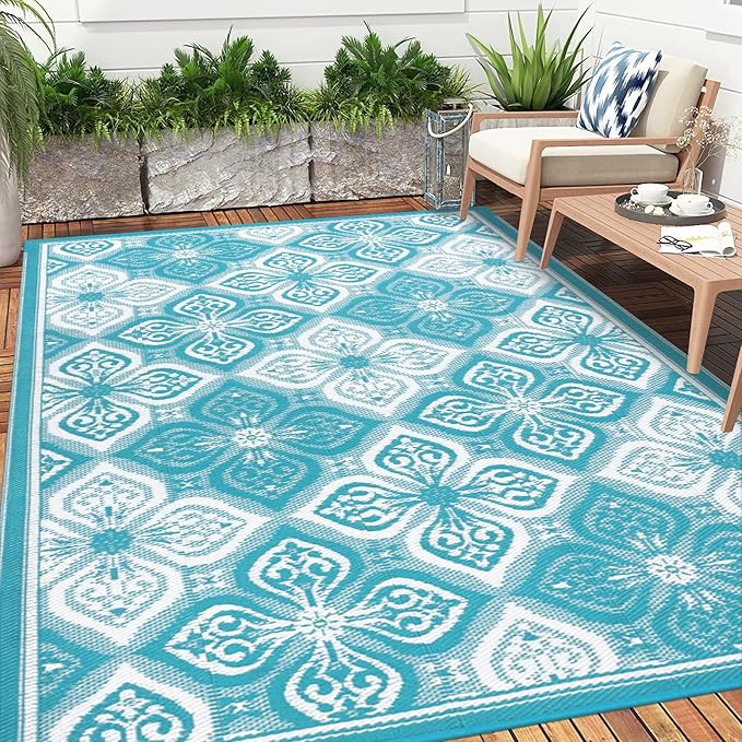 Pauwer Waterproof Outdoor Rug 6x9, Reversible Plastic Straw Patio Camping Rug, Indoor Outdoor RV Mat Carpet for Deck, Camper, Porch, Balcony, Backyard, Picnic, Clover Teal